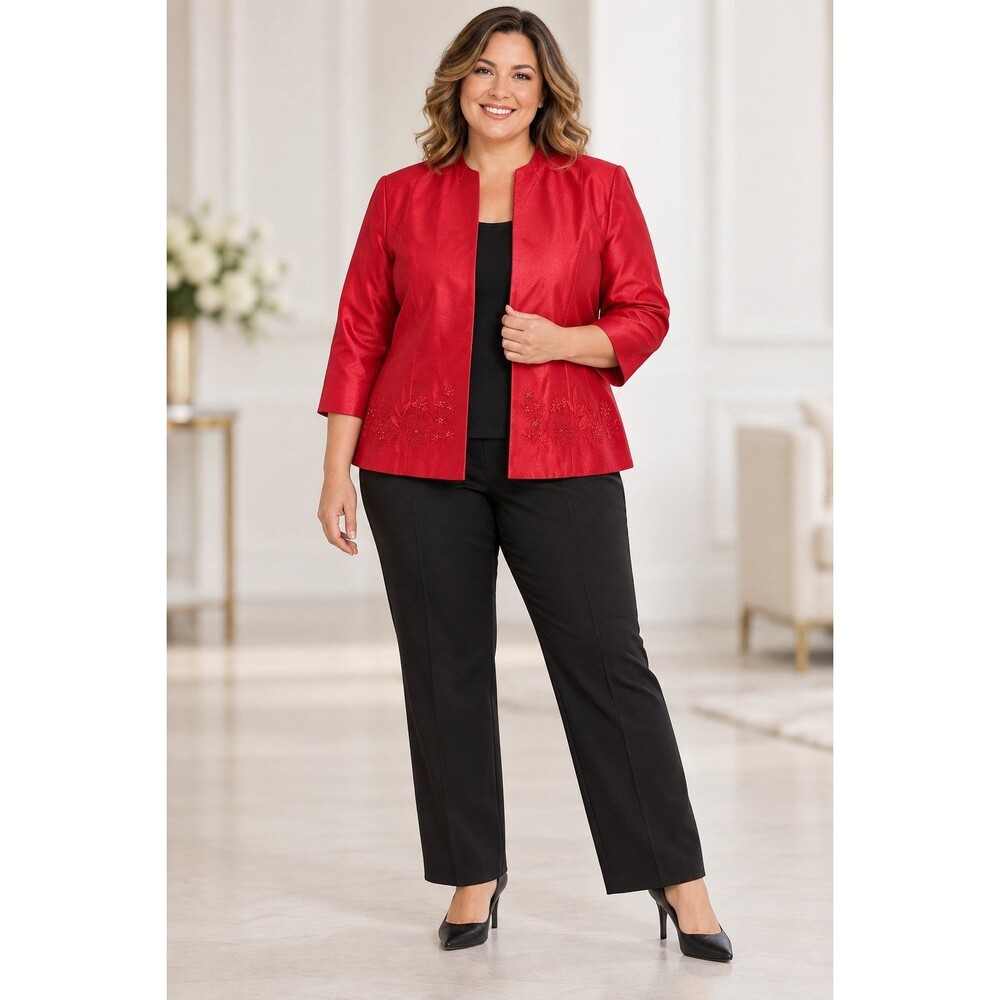 Karin Stevens Women’s Size 16 Red Embroidered Open-Front Jacket Blazer 3/4...